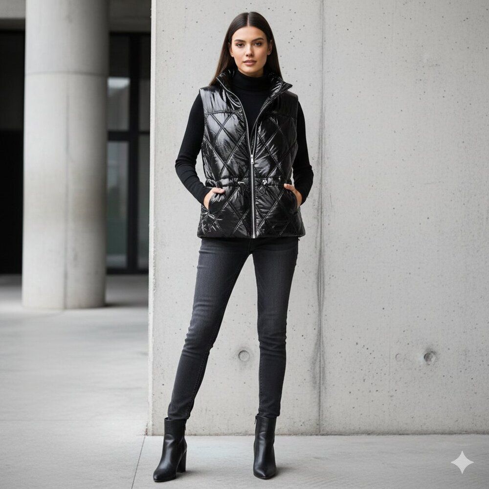 Michael Kors Black ✨ Glossy Diamond-Quilt Puffer Vest –w/  Cinch